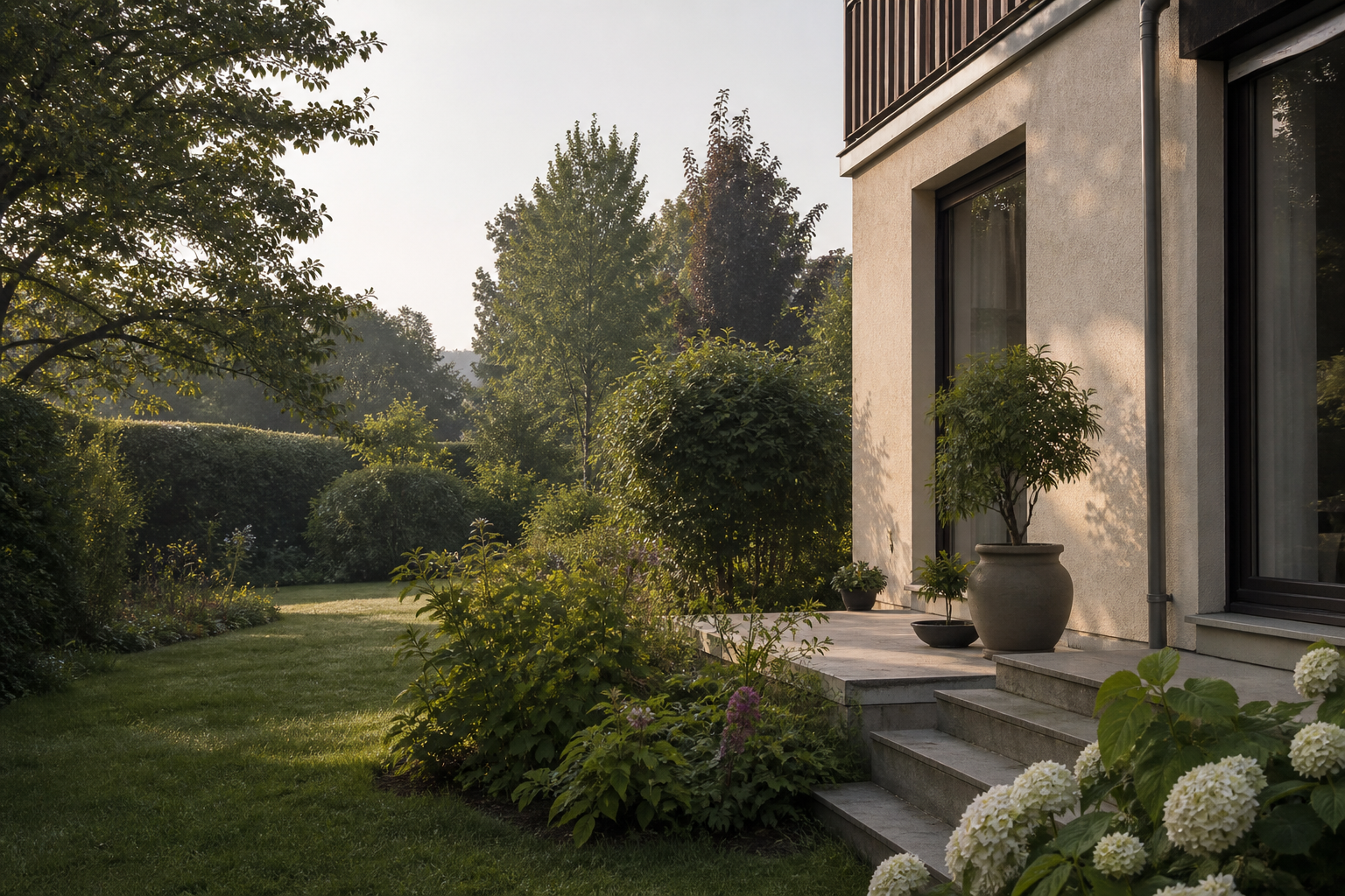 Symbolbild: helles Wohnhaus mit grünem Garten; kein konkretes Verkaufsangebot